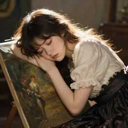 a high fashion classic shoot stunning backlit portrait of frowning anime girl, sleeping, painting by gaston bussiere, craig mullins, j. c. leyendecker