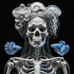 close-up portrait goddess skull, thorax, x-ray, backbone, jellyfish phoenix head, nautilus, orchid, skull, betta fish, bioluminiscent creatures, intricate artwork by Tooth Wu and wlop and beeple. octane render, trending on artstation, greg rutkowski very coherent symmetrical artwork. cinematic, Triadic color scheme, hyper realism, high detail, black and white, octane render, 8k