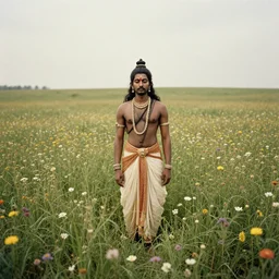 mystical hindu god standing in tall meadow of flowers, distant, ww1 film photo, grainy, high detail, high resolution