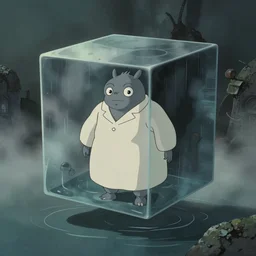 hyperrealist cell - shaded studio ghibli cartoon of a grey scientist in a flooded, moody, misty, floating cube from howl's moving castle ( 2 0 0 4 ).