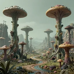 a alien world with fungus mountains, cadmium trees, raining krypton, lowbrow, matte painting, 3 - d highly detailed, in the style of mark ryden,