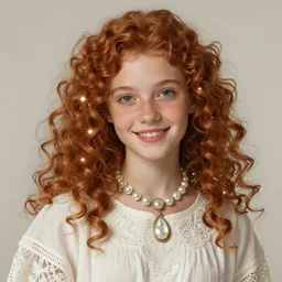portrait of teenage aphrodite, light freckles, curly copper colored hair, smiling kindly, wearing an embroidered white linen dress, intricate, elegant, mother of pearl jewelry, glowing lights, highly detailed, digital painting, artstation, concept art, smooth, sharp focus, illustration, art by wlop, artgerm, and greg rutkowski