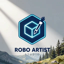professional studio logo for robo artist, vector clip art, artstation, neon, isometric, paint brush vector art by beeple