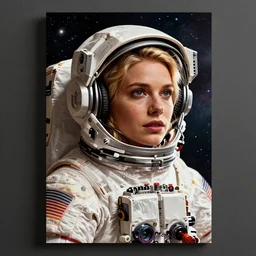 a poster design of a portrait of a female blonde astronaut wearing headphones in space, universe, cyberpunk, warm color, Highly detailed labeled, poster, peter mohrbacher, featured on Artstation