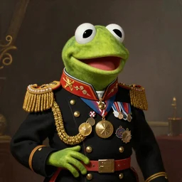 Kermit the frog as an army general wearing many medals, Realistic, Regal, Refined, Detailed Digital Art, Michael Cheval, Walt Disney (1937), François Boucher, Oil Painting, Steampunk, Highly Detailed, Cinematic Lighting, Unreal Engine, 8k