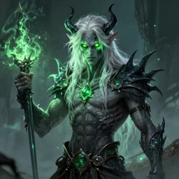 dnd character concept of a man with ash gray skin and long white hair, glowing green eyes, Eldridge green!!!! eyes and energy, Lich demon mage class, undead zombie husk