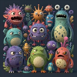 intricate colourful murky with strange cute friendly angry crazy creatures