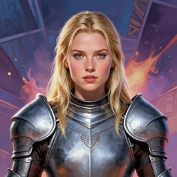 masterpiece head-on symmetrical centered painted portrait, Imogen Poots as a paladin, blonde hair, plate armour, mattepainting concept Blizzard pixar maya engine on stylized background splash comics global illumination lighting artstation lois van baarle, ilya kuvshinov, rossdraws