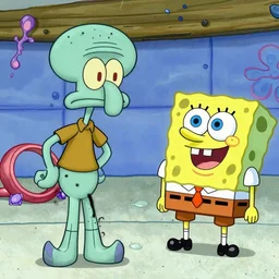 a super buffed evil squidward wearing only yoga pants covered in black aura fighting off against drunk hero spongebob wearing a bathing suit covered in yellow aura in front of the destroyed krusty krab