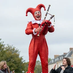 a tall red jester with bag pipes made of flesh making everyone laugh