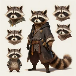 a fantasy racoon thief creature design sheet, trending on artstation