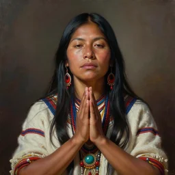 a beautiful painted portrait of an indigenous female shaman praying with her hands on her chest, matte painting, fantasy art, ayahuasca