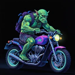 psychedelic blacklight airbrush artwork of an orc riding a motorcycle, airbrushed on a black background