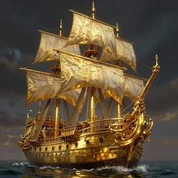detailed gold pirate ship by greg rutkowski, enigmatic atmosphere, beautiful and cinematic lighting, artstation hq.