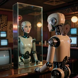 robot staring at her reflection in a mirrored monolith, from 1977, in a tiki bar, volumetric lighting, surrounded by crt monitors, low-light photograph, in the style of jack bridgeland