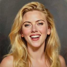 a very beautiful oil painting of scarlett johansson with long blond hair. she is very amused face, much joy and much fun, very aesthetic and attractive, portrait, trending on artstation, very very happy face, amused face, scarlet johansson