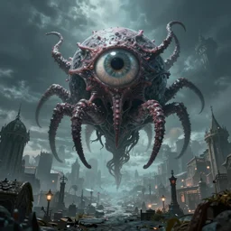 a spherical eldritch horror with multiple eyestalks and a large central eye floating in the air above a fantasy medieval city in the style of a beholder from dungeons and dragons