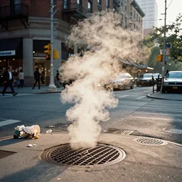 busy vintage color photo new york city street corner 1979. sunrise. steam coming out manhole covers and sewer drains. trash blows on street.
