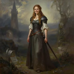 a full body high detail fantasy portrait oil painting illustration of a single beautiful smiling bard woman by justin sweet with face and body clearly visible, in a scenic background, pretty eyes, realistic proportions, d & d, rpg, forgotten realms, artstation trending, high quality, sombre mood, artstation trending, muted colours, entire person visible!