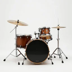 rustic drum kit, professional product shot, isolated on a pure white background, centered, entire object in frame, sharp focus, soft studio lighting