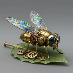 brass steampunk housefly with stained glass wings sitting on a leaf. clockwork. gears, pipes. goggles. rivets. octane render. highly detailed.