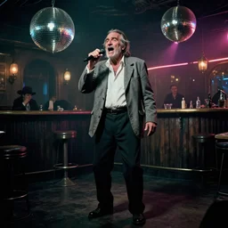 the full - body shot of singing old wrinkled unkempt drunkard ( ( joaquin phoenix ) ) with sideburns worn in grey jacket and white shirt in dark steampunk fallout disco bar, cinematography of christopher doyle, frostpunk, neon gloomy light, discoball reflections, anamorphic, optical flares, kodak film, sharp focus, 8 k