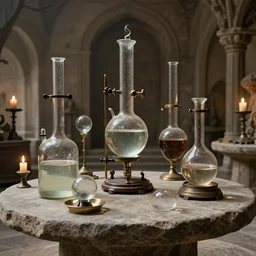 a complex ancient alchemists interior, 4 k, stone table, large glass beakers full of liquid, alembic, knobs, glass orbs, candle lighting, octane render, natural color scheme, architectural photography, f 3 2, still from movie by david lynch,