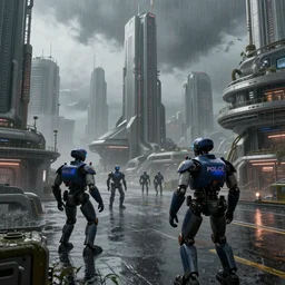rainy futuristic city with police robots, megacity, sci-fi, matte painting, concept art, style by dylan cole, intricate details