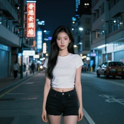a beautiful chinese young girl standing in the middle of a road on a night Hong Kong china town, blue color grading, cinematic color grading , unreal 5, hyperrealistic, realistic, photorealistic, dynamic lighting, highly detailed, cinematic landscape, studio landscape, studio lighting