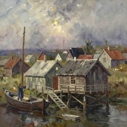 paint brush strokes, abstract watercolor painting of rustic fishing village, viking age, ambient lighting, art by hans dahl, by jesper ejsing, art by anders zorn, wonderful masterpiece by greg rutkowski, cinematic light, american romanticism by greg manchess, creation by tyler edlin