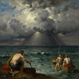the storm on the sea of galilee, oil - on - canvas painting, close - up, elegant, volumetric lighting, scenery, digital painting, highly detailed, artstation, sharp focus, illustration, concept art, by rembrandt van rijn, 1 0