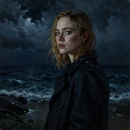 Elle Fanning at night in the world of John Sargent, stormy weather, extremely detailed masterpiece, oil on canvas, low-key neon lighting, artstation, Blade Runner 2049, Roger Deakin’s cinematography, by J. C. Leyendecker and Peter Paul Rubens,