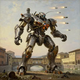 a giant steampunk mecha attack with missiles ponte vecchio at dawn, paint by william - adolphe bouguereau