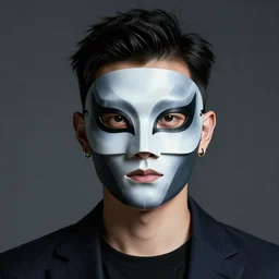 professional photograph of a cool guy with a stylish face mask, earrings, and dark clothes, high quality, HD, 8K, highly detailed