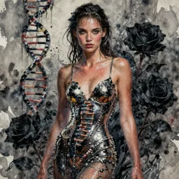 fierce wet fashion model, splash, sweat skin, liquid metal dna, effervescent, black roses, poster art, high detail, intricate oil painting and washed watercolor, deep mood, hyperrealism, 3 d, in the style of irakli nadar,