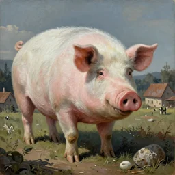 painting of a giant pig in a village in the style of beksinski, hyper realistic, detailed