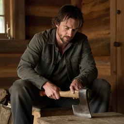 shia labeouf in a cabin siting down, sharping an axe