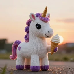 a large knitted unicorn holding an ice cream cone at sunset Trending on artstation, featured on Behance, well-rendered, Unreal Engine, 4K HD