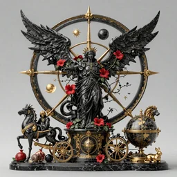 tilt shift, italian masterpiece, wyvern, wind rose, Ashford Black Marble, sculpture, baroque,  draped with red Hibiscus and vines and spines, marble and gold, space, stars, clouds, suns, moons, drapes, fruits, Obsidian, pomegranade, medieval globe, portrait, mage, centaur, siren, lion, chariot, snails, rabbit, chimera, render, artstation, ultra detailed