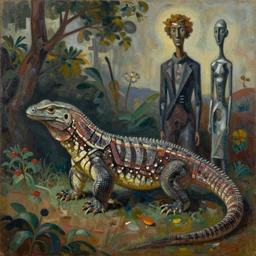 a hybrid animal, chimera between varanus komodoensis and gyps fulvus, oil on canvas, modernism, in the style of albert trachsel and augusto giacometti and joaquin sorolla, trending on artstation,