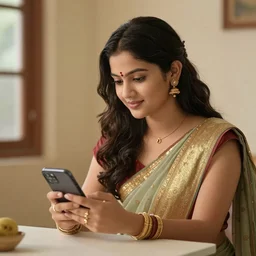 a young beautiful lady is sitting at the table using her iphone, in style of Raja Ravi Varma