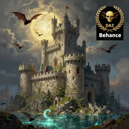 a photorealistic painting of an old stone Castle in the sky,  Zbrush, a detailed painting by Ansel Adams, vampire bats, lake, Luminescent, Bismuth, Daz 3D, behance contest winner, fantasy art, matte painting, matte drawing, storybook illustration