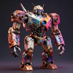 3D render of an intricate robot made of pieces of scraps and rusted parts in the style of Vladimir Petkovic, dramatic lighting, vibrant colors, Trending on Artstation HQ, 4K, UHD, High quality, Unreal Engine