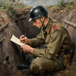 a beautiful painting of an italian soldier from world war 2 sitting in the trench, writing a letter, giorgio de chirico