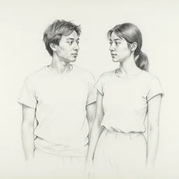 a colored pencil drawing by David Hockney, a low angle medium shot of two people sitting in an empty Chicago subway train, in front of windows: a sad Aubrey Plaza wearing a winter coat and a man who looks like a mix of (Louis CK and Philip Seymour Hoffman) in a suit