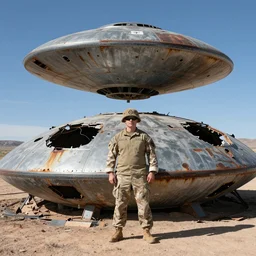 us military soldier standing next to large crashed ufo spacecraft wreckage rusty metal destroyed object professional photo new mexico sonora desert in background