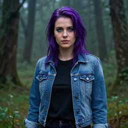 an insanely detailed realistic depiction of beautiful abigail from stardew valley standing in the rainy forest wearing black shirt under blue denim jacket, purple hair, pretty blue eyes, in the style of peter mohrbacher, artgerm, dramatic lighting and composition, octane render, trending on artstation, concept art 8 k
