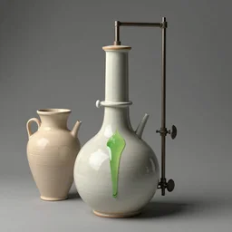 a biomorphic ceramic still distilling eucalyptus into green oil, amphora, vat, alchemical still, 3 d render, atmospheric - n 5