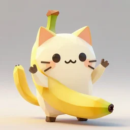 a banana with a face of a cat and sticks as hands and legs, polygonal, high resolution, kawaii, cute, sharp focus, artstyle of anime