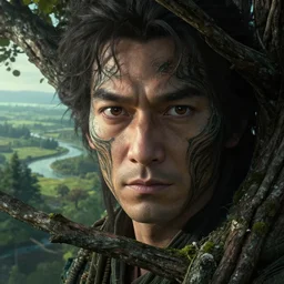 ultra realistic, cinematic, headshot portrait, of a tree wizard, branches, facial features, background of a vast serene landscape, with trees and rivers, detailed, deep focus, movie still, dramatic lighting, ray tracing, by michal karcz and yoshitaka amano, rtx on, perfect face, intricate, sony a 7 r iv
